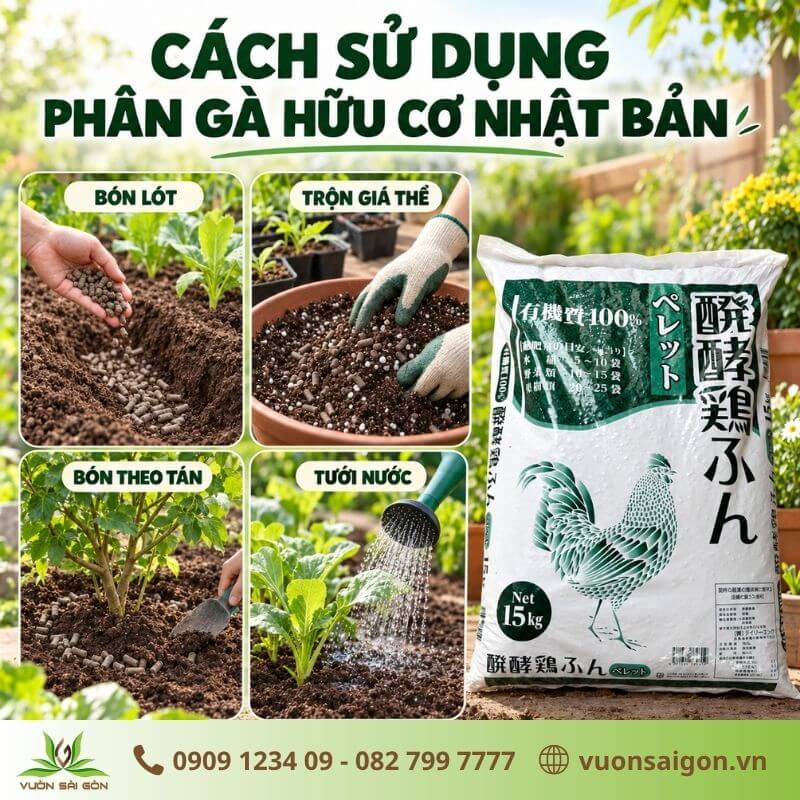 Hướng dẫn bón phân gà hữu cơ Nhật Bản cho đất trồng, cây chậu và cây ăn trái.