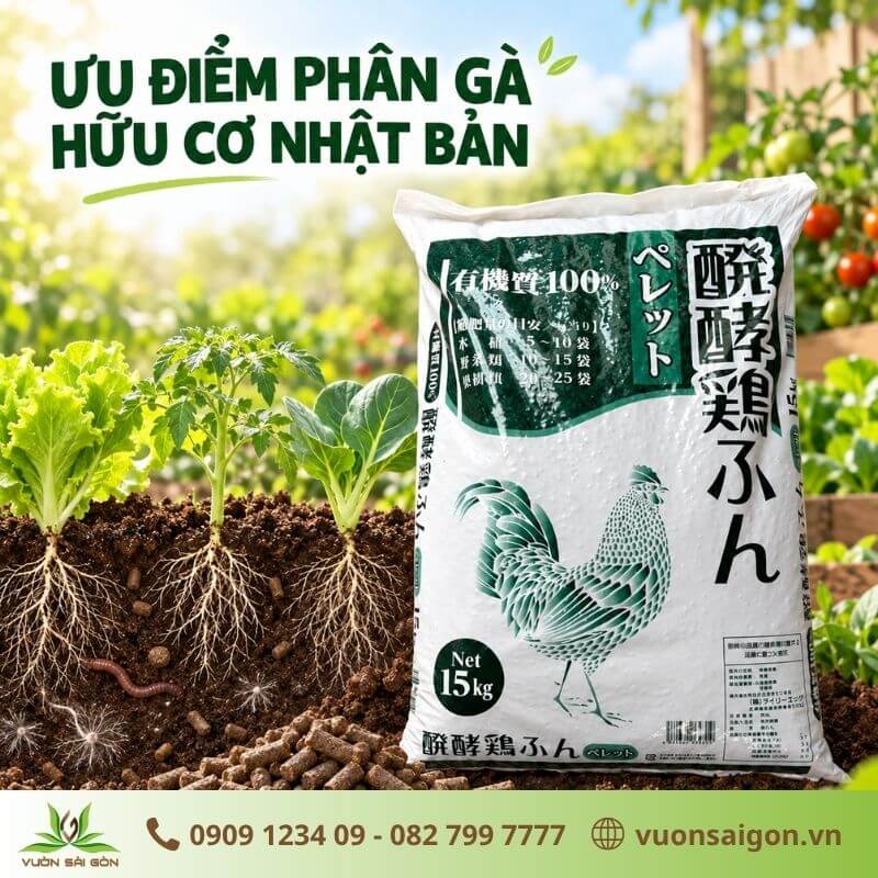 Phân gà hữu cơ Nhật Bản giúp cải tạo đất, bổ sung mùn và hỗ trợ rễ cây phát triển khỏe mạnh.