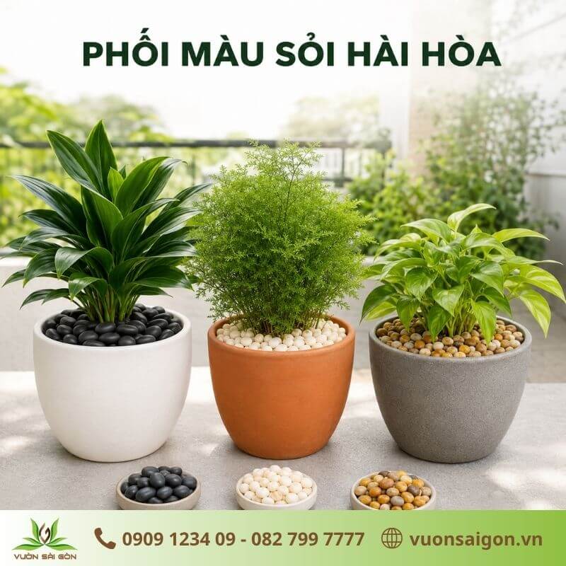 Phối màu sỏi phù hợp giúp chậu cây hài hòa và nổi bật hơn.