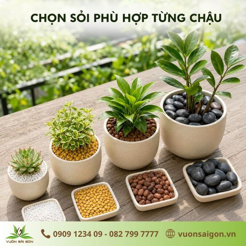 Sỏi trang trí có nhiều màu sắc, kích thước phù hợp với từng loại chậu.